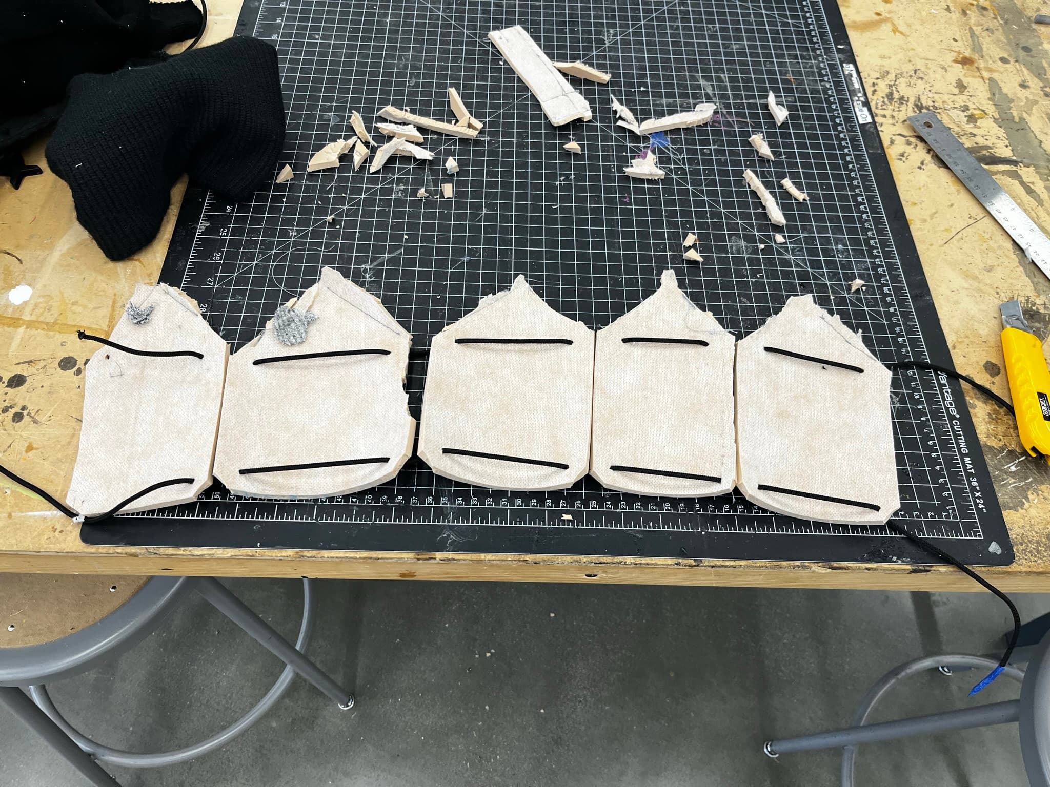 Protective fabric panels arranged during construction of an Impakt Beanies prototype